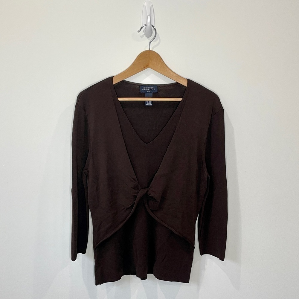 Jones New York Signature Petite Brown V-Neck 3/4 Sleeve Top